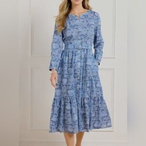 Talbots Sz 12 Cotton Voile Flowy Tiered dress Buoyant Blossoms Maxi Belt Dress